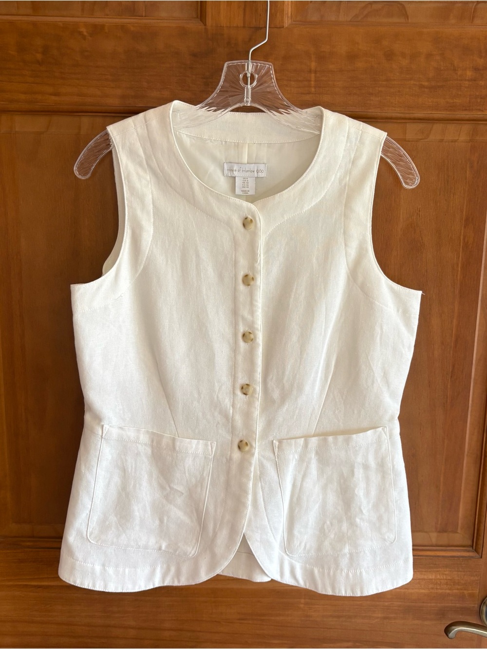 Talbots Cream Linen-Blend Sleeveless Button Front Vest, Women's Size 6